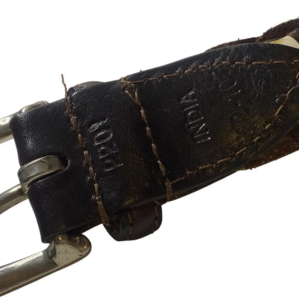 Men's Vintage Dark Brown Woven Leather Belt with silver buckle Size 42